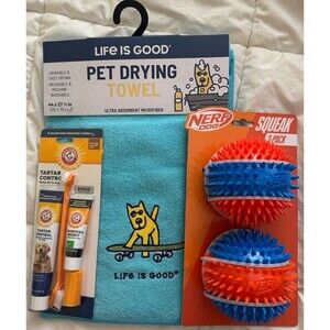 Big Dog Gift Bundle Nerf Squeak Dental Balls, Life Is Good Towel, A&H Dental Kit